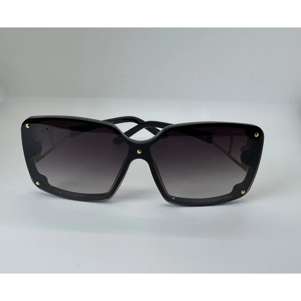 Oversized Square Sunglasses Black Gold Studded Geometric Temple UV400 Protection